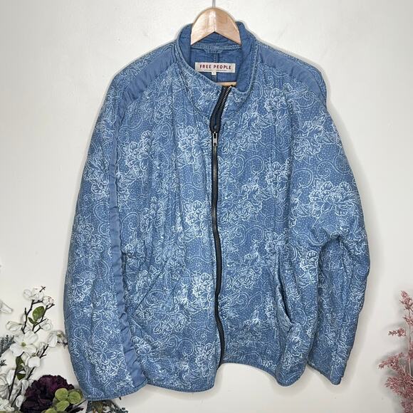 FREE PEOPLE Dolman Lotus Jacket Denim Chambray Quilted Bomber Jacket - Picture 6 of 10